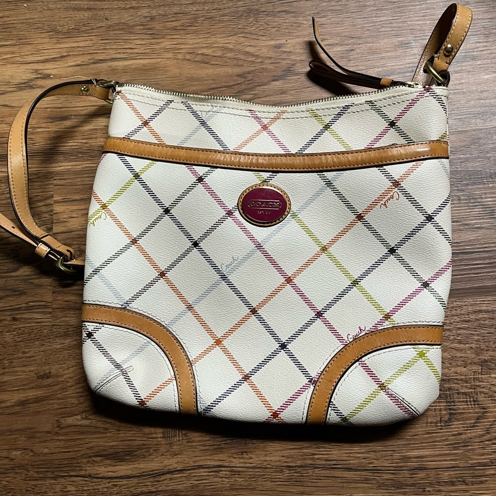 COACH Signature Tattersall  Plaid White Leather Crossbody Body